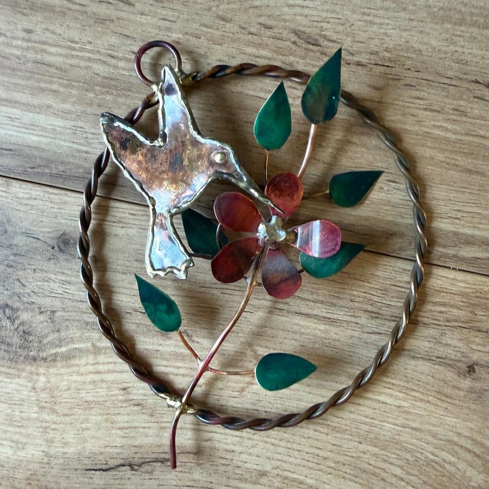 Vintage Mixed Metal Hummingbird Flower Wall Hanging Copper Brass Art Sculpture